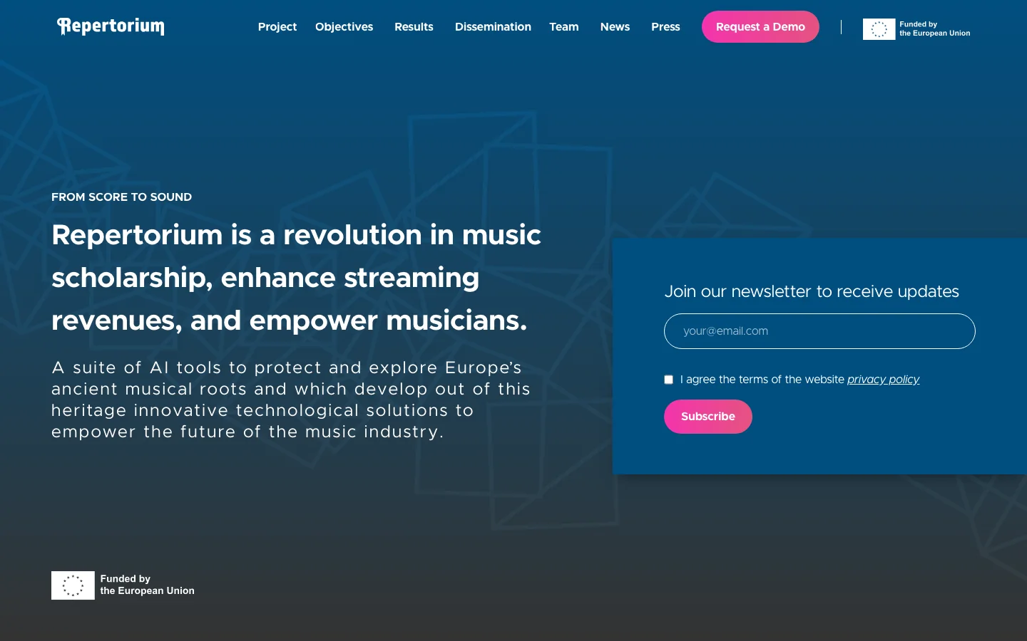Home page di Repertorium, progetto europeo di ricerca sull'intelligenza artificiale applicata alla musica